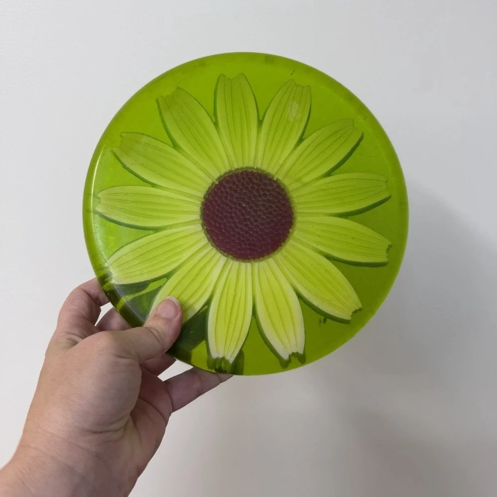 Resin Lucite 1960's Hanging Trivet Hot Plate Green White Daisy Mod Kitschy